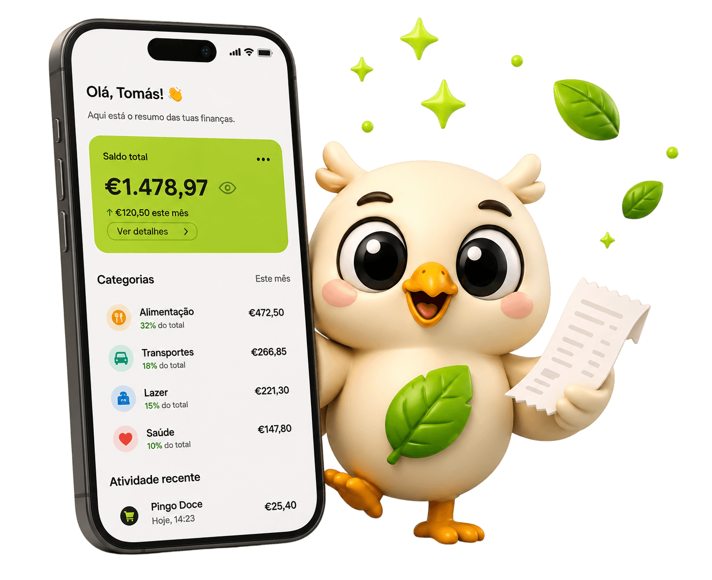 App Xatura com Xatu a mostrar o dashboard de finanças